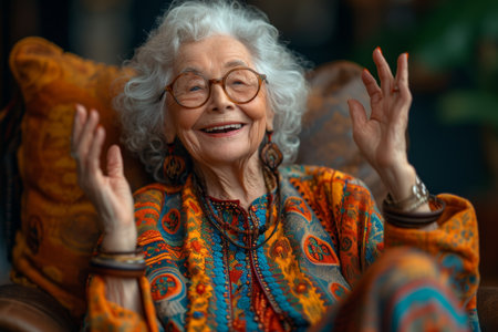Happy and playful elderly woman in colored clothes indoors.の素材