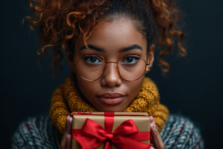 A young African American woman holds a gift box on a black background.の素材