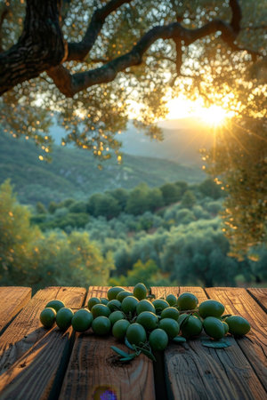 still life with green olives on a table in an olive grove.の素材