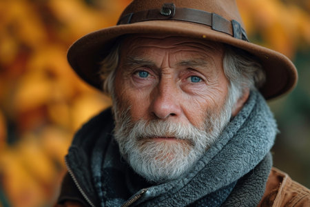 Portrait of an elderly man in close-up in an autumn park.の素材