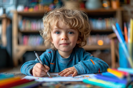 A little boy draws with pencils while sitting at a table.の素材