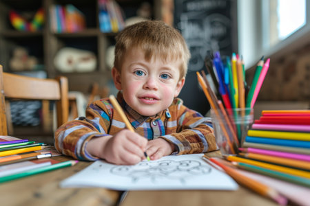 A little boy draws with pencils while sitting at a table.の素材