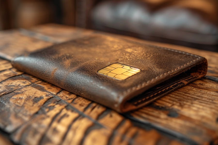 gold credit card and wallet on the table.の素材