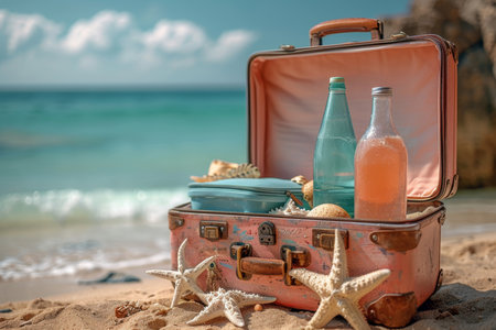 An open suitcase with things on vacation. The concept of travel time.の素材