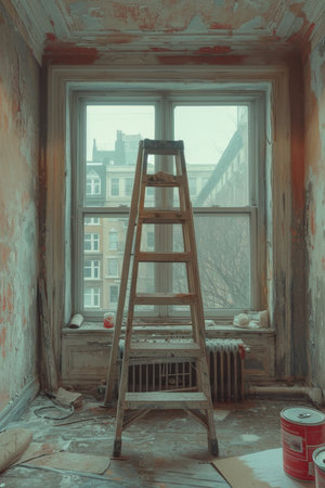 An empty room with a staircase and a painted wall. The interior of a room with unfinished repairs.の素材