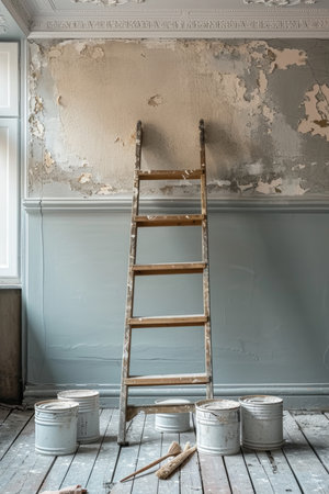 An empty room with a staircase and a painted wall. The interior of a room with unfinished repairs.の素材