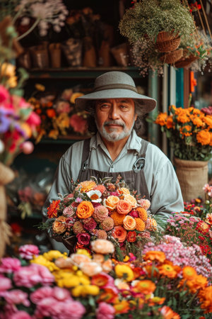 Small business. A male florist in a flower shop. Flower delivery, ordering.の素材
