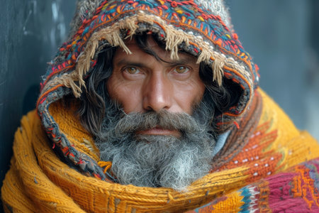 portrait of an elderly homeless man on a pedestrian street in the city. The concept of help and hope.の素材