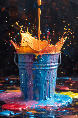 Colorful splash of oil paint from a bucket , splash of rainbow color paint.の素材