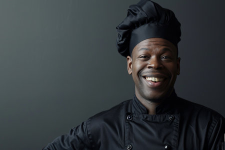 Smiling male chef in black clothes on black background.の素材