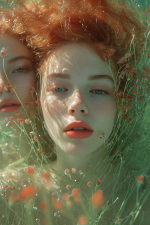 An artistic portrait of red-haired girls lying in light clothes in the water.の素材
