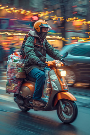A man in a helmet rides a moped around the city.Delivery of goods on a moped.の素材