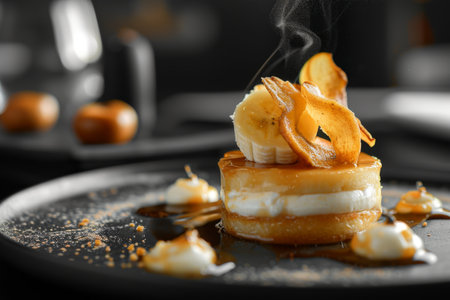 A slice of cheesecake with caramel sauce, banana and mint on a plate.の素材