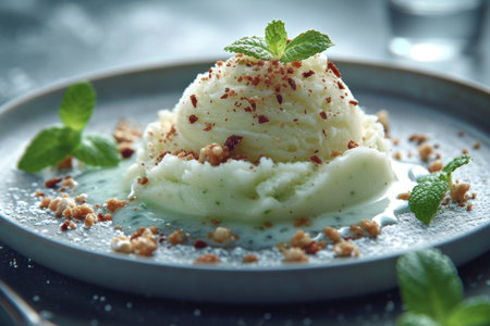 Homemade green ice cream with avocado on a plate decorated with greens.の素材