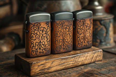 Three designer gasoline cigar lighters stand on a stand on the table.の素材