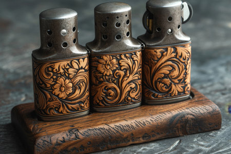 Three designer gasoline cigar lighters stand on a stand on the table.の素材
