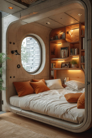 A futuristic bedroom in bright colors. 3d illustration.の素材