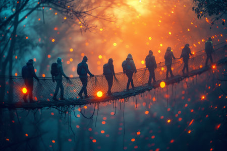 A group of people walk over a suspension bridge at night.の素材