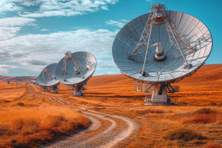 A field with large satellite antennas. The concept of communication with space.の素材