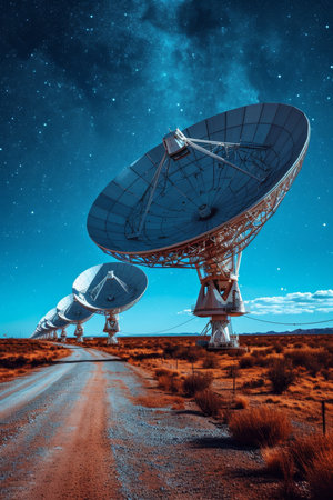 A field with large satellite antennas. The concept of communication with space.の素材