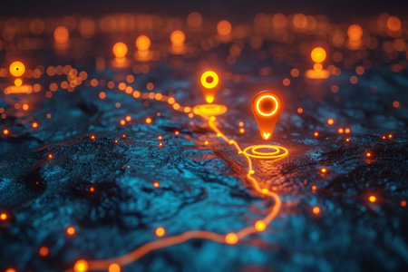 Macro photography of placemarks over the main capitals of the European continent. A map of Europe in neon light with markers. 3d illustration.の素材