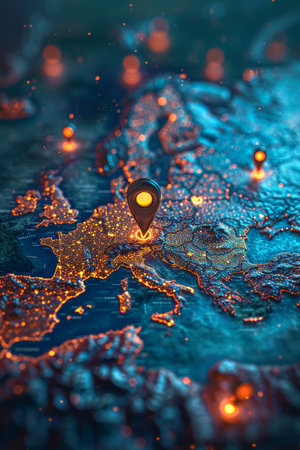Macro photography of placemarks over the main capitals of the European continent. A map of Europe in neon light with markers. 3d illustration.の素材