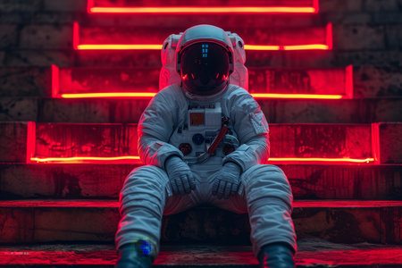 an astronaut in a white spacesuit and helmet, sitting on the floor in a red neon light.の素材