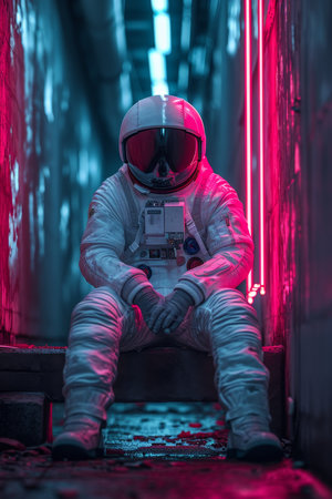 an astronaut in a white spacesuit and helmet, sitting on the floor in a red neon light.の素材