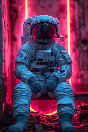 an astronaut in a white spacesuit and helmet, sitting on the floor in a red neon light.の素材