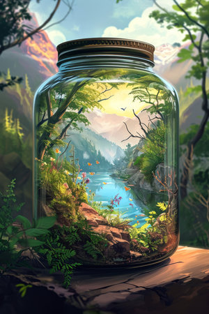 A beautiful forest landscape enclosed in a glass jar. Environmental protection symbol.の素材