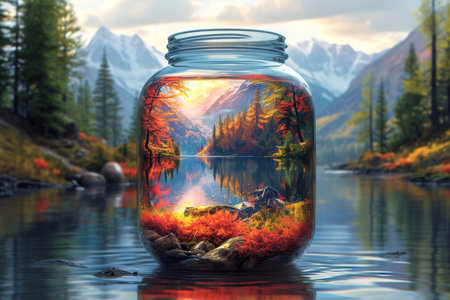 A beautiful forest landscape enclosed in a glass jar. Environmental protection symbol.の素材