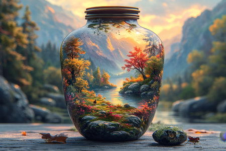 A beautiful forest landscape enclosed in a glass jar. Environmental protection symbol.の素材