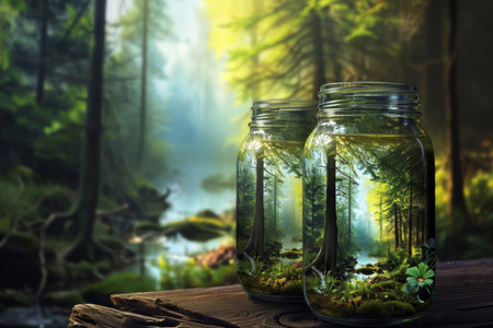 A beautiful forest landscape enclosed in a glass jar. Environmental protection symbol.の素材