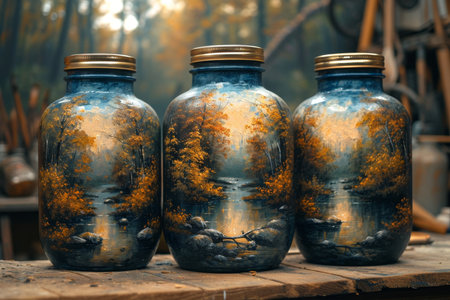 A beautiful forest landscape enclosed in glass jars. Environmental protection symbol.の素材