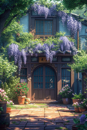 The Wisteria sinensis plant with lilac flowers decorates the entrance to the house. 3d illustration.の素材