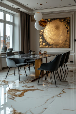 Living room with marble table and chairs in bright colors.の素材