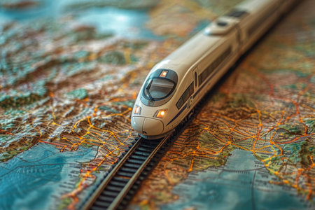 A high-speed train is traveling by rail on the background of the map. The concept of travel. 3d illustration.の素材