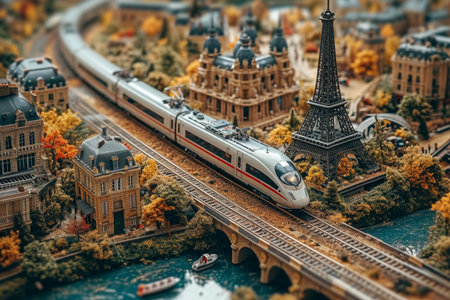 A high-speed railway locomotive is on its way through the city. 3d illustration.の素材