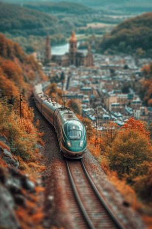A high-speed railway locomotive is on its way through the city. 3d illustration.の素材