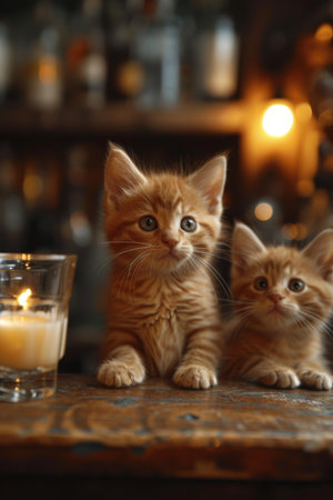 Red cats on the bar next to cocktails.の素材