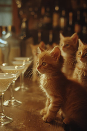 Red cats on the bar next to cocktails.の素材