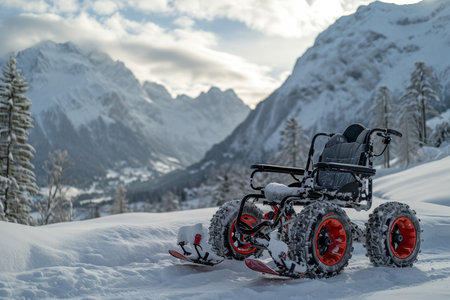 Surreal Empty Wheelchair outside in winter.の素材