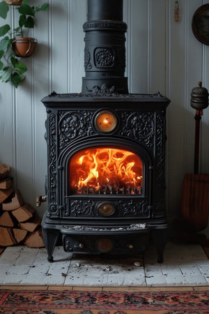 cast-iron stove in a rustic house with a fire lit inside to heat the house.の素材