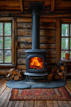 cast-iron stove in a rustic house with a fire lit inside to heat the house.の素材