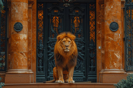 A big lion is sitting guarding the front door of the house.の素材