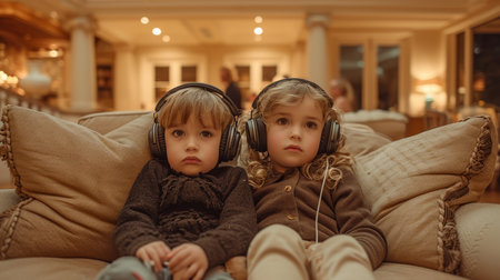 Two sad children are sitting on the couch with headphones on against the background of their parents' party.の素材