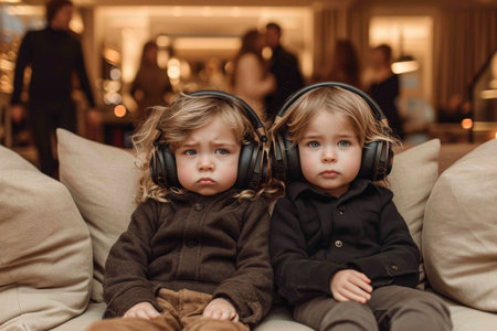 Two sad children are sitting on the couch with headphones on against the background of their parents' party.の素材