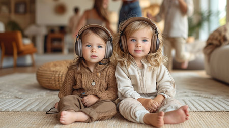 Two sad children are sitting on the floor with headphones on against the background of their parents' party.の素材