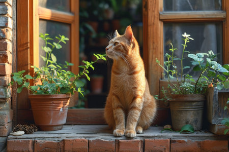 A cute red-haired cat was sitting near the window, guarding the entrance.の素材