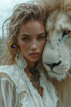 Beautiful fashionable young woman with a beautiful big lion.の素材